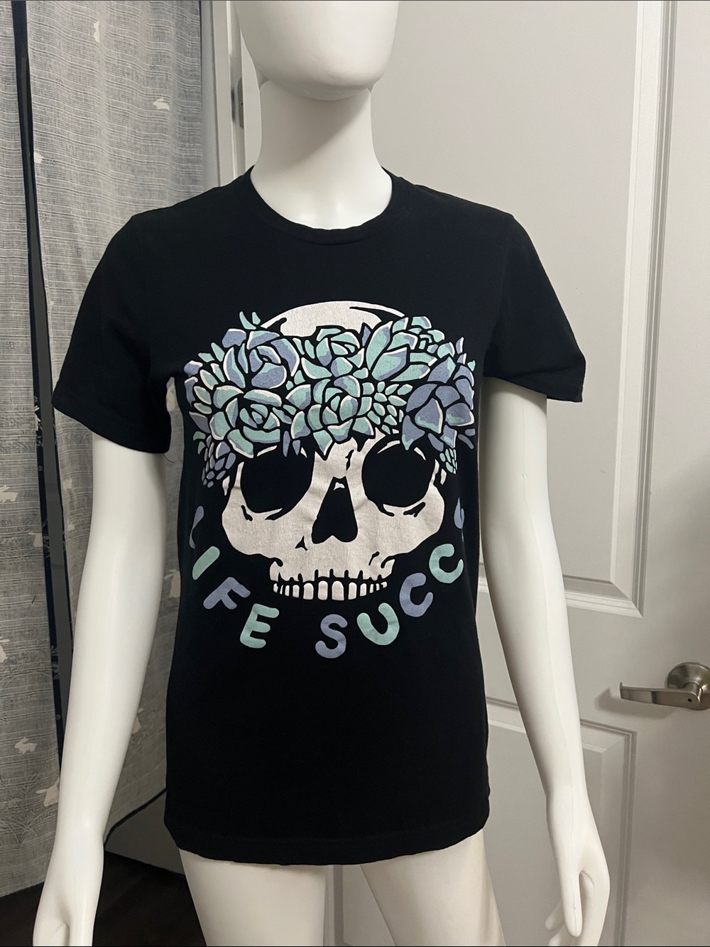 Wicked Clothes 'Life Succs' Pastel Mint & Pastel Blue Succulent Skull Black Tee